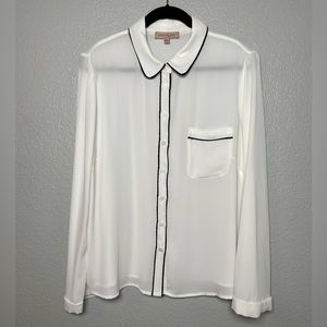 Philosophy semi-sheer white long sleeved blouse with pocket & black piping XL